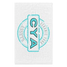 Load image into Gallery viewer, CYA Ceramic Your Assets (cyan) Logo Rally Towel, 11x18
